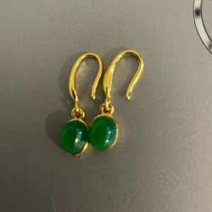 Elegant dainty Gold tone sterling silver 925 Green onyx bezel gemstone Earrings